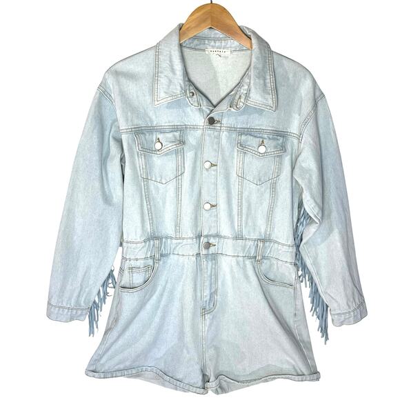 BAEVELY Women’s Western Fringed Light Wash Denim Romper - Picture 2 of 4